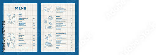 Restaurant menu design and label vector brochure template. Cafe menu with handrawing meal and food. Blue. Retro photo