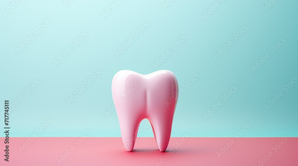 A pristine white tooth stands prominently on a dual-tone pink and teal background, symbolizing dental health and care. A pristine white tooth stands prominently on a dual-tone pink and teal background, symbolizing dental health and care.