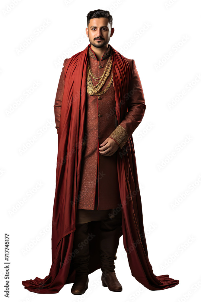 Full length view of Indian Men in Sherwani: A formal outfit for men, typically worn during weddings, resembling a long coat Isolated on transparent background.