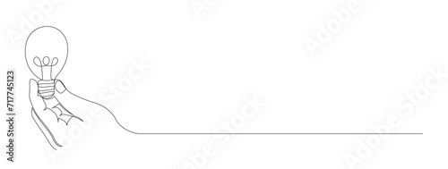 one continuous line art hand holding a light bulb. problem solving outline ideas. editable stroke