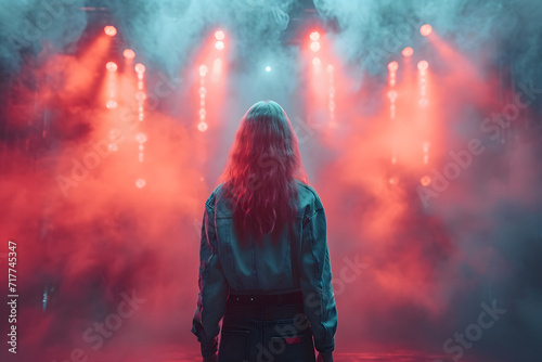 Mysterious woman silhouette against red smoke and lights background