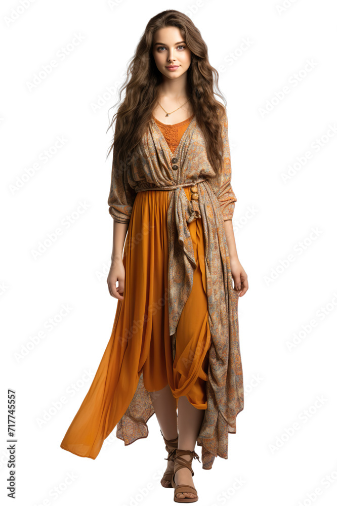 Full length view of Indian women in Anarkali Suit: A long, flowy tunic paired with fitted bottoms, inspired by the Mughal era Isolated on transparent background.