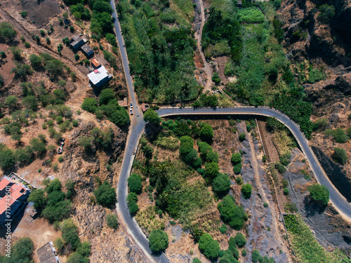 Barragem Principal in Santiago Island, Cape Verde, water dam view from the top of the mountain, view of the sea, mountains and small village. photo