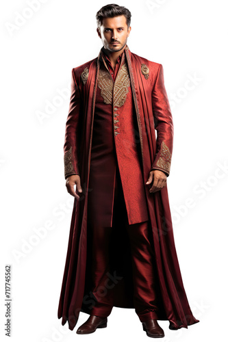 Full length view of Indian Men in Sherwani: A formal outfit for men, typically worn during weddings, resembling a long coat Isolated on transparent background.