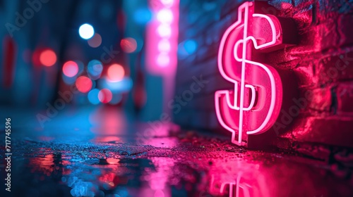 A vibrant neon dollar sign illuminates a wet city street at night, reflecting on the ground with a blurred urban background, suggesting themes of economy and nightlife. photo
