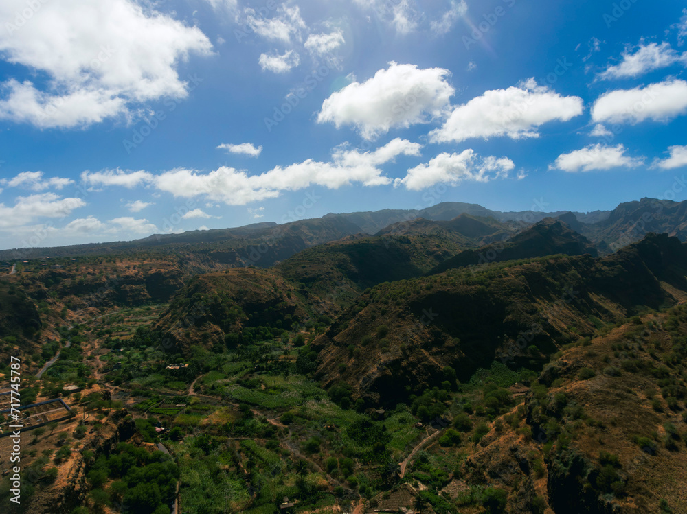 Fototapeta premium Barragem Principal in Santiago Island, Cape Verde, water dam view from the top of the mountain, view of the sea, mountains and small village.