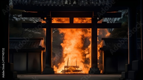 torii gate japanese with flame burning background