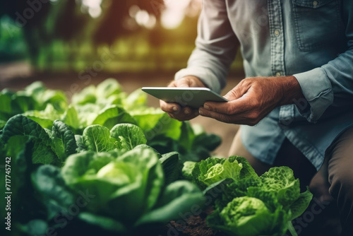 Close Up of a Young farmer using digital tablet inspecting fresh vegetable in organic farm. Agriculture technology and smart farming concept.	
 photo