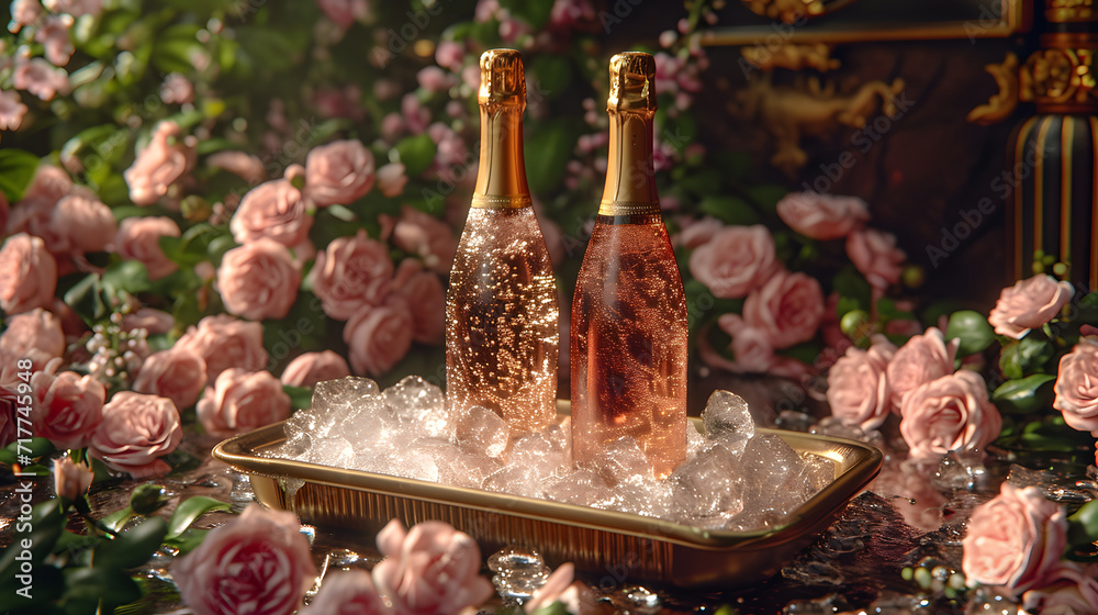 Two champagne bottles in an ice bucket surrounded by pink roses, suggesting a romantic celebration or luxury event. Two champagne bottles in an ice bucket surrounded by pink roses, suggesting a romantic celebration or luxury event.