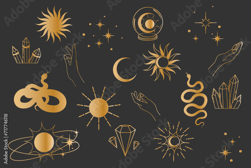 Esoteric set with sun, moon, snake, crystal and stars. Gold symbol for cosmetics and packaging, jewelry, logo, tattoo.
