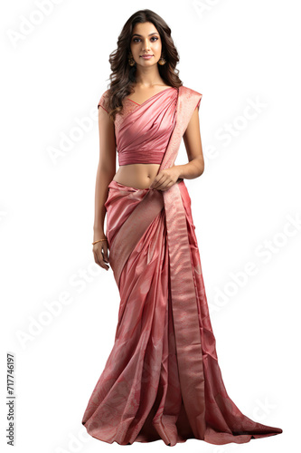 Full length view of Indian women in Banarasi Silk: Luxurious silk fabric with intricate patterns, often used in saris and other attire Isolated on transparent background. photo