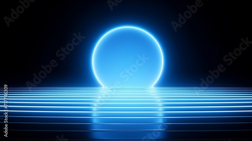 3d render, abstract minimalist blue geometric background. Bright light. Round shape glowing in the dark