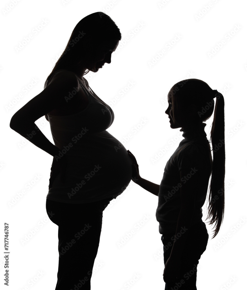 Silhouette of the pregnant woman with daughter