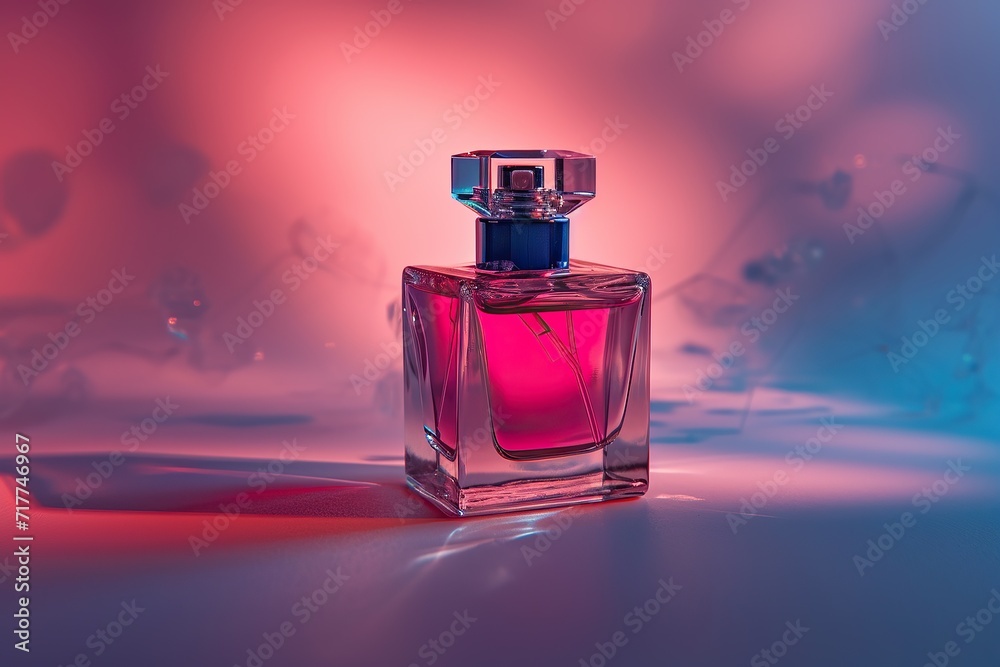 Perfume bottle on colorful background with reflection. Perfumery product Perfume bottle on colorful background with reflection. Perfumery product