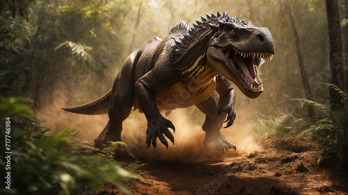 Furious trex or Dynasor running in action on the jungle