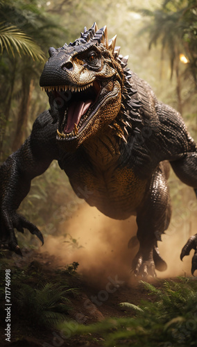 Furious trex or Dynasor running in action on the jungle
