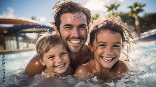 A close-up portrait of a happy family: a dad with his daughter and son in a water park. Summer, vacation, travel, entertainment concepts. © liliyabatyrova