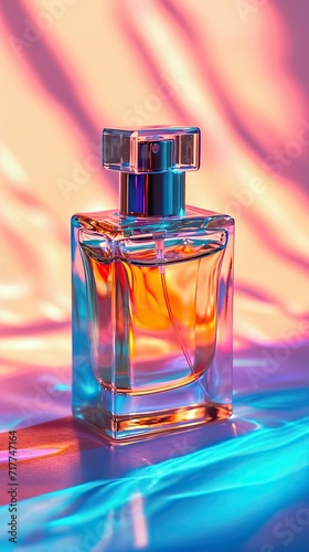 Perfume bottle on colorful background with reflection. Perfumery product