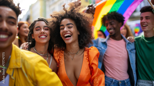 group of joyful young people are celebrating at a pride parade