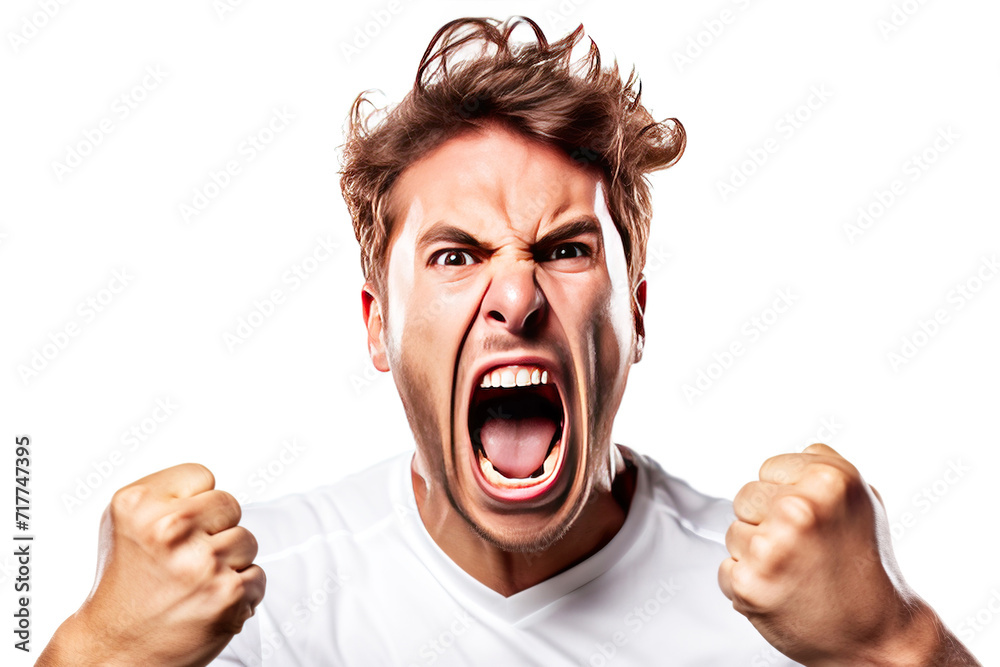 Emotionally excited male sports fan of the championship in a club uniform, white background isolate. Emotionally excited male sports fan of the championship in a club uniform, white background isolate.