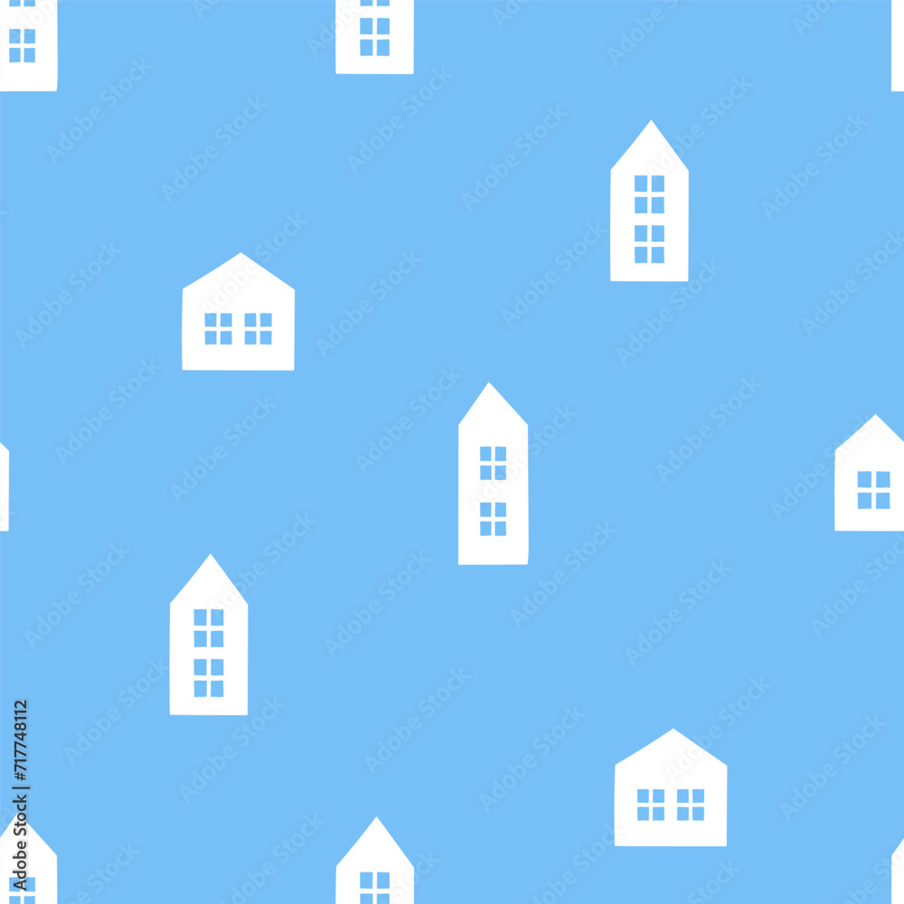Blue seamless pattern with white tiny house