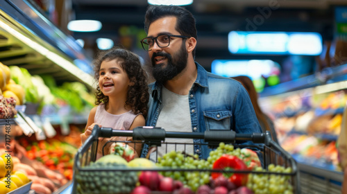 bearded man in a blue shirt and glasses is shopping in a grocery store with a young girl