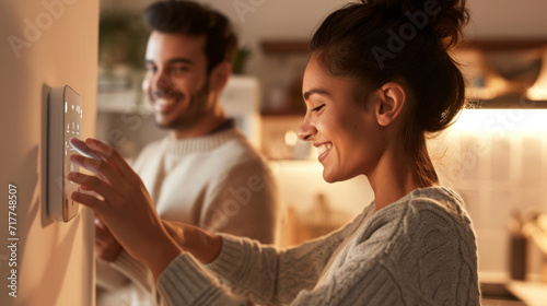young couple interacting with a smart home control panel mounted on a wall photo