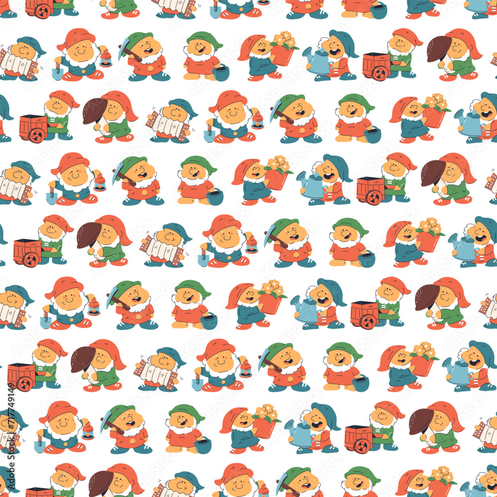 Garden gnomes vector cartoon seamless pattern background for wallpaper, wrapping, packing, and backdrop. Garden gnomes vector cartoon seamless pattern background for wallpaper, wrapping, packing, and backdrop.