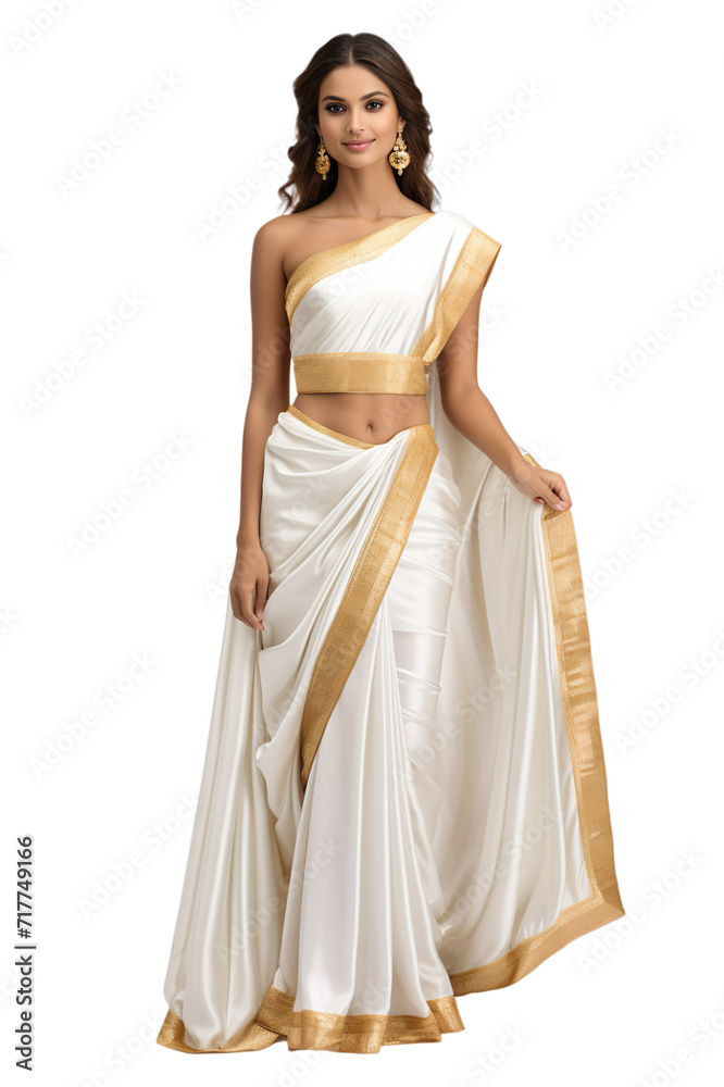 Full length view of Indian women in Kasavu Sari: Traditional white and gold sari from Kerala, often worn on festive occasions Isolated on transparent background.