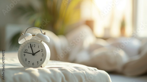 classic white alarm clock is on a bed with white linens, bathed in soft morning light with a blurred background suggesting a bedroom setting