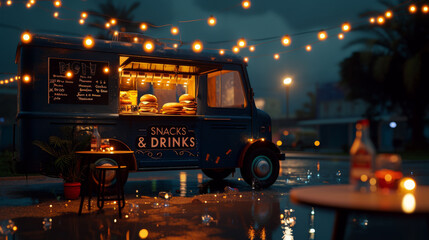 vibrant food truck at night illuminated by string lights