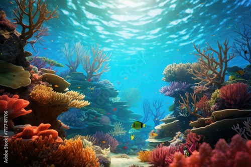 Colorful coral reef teeming with tropical fish and other marine life.