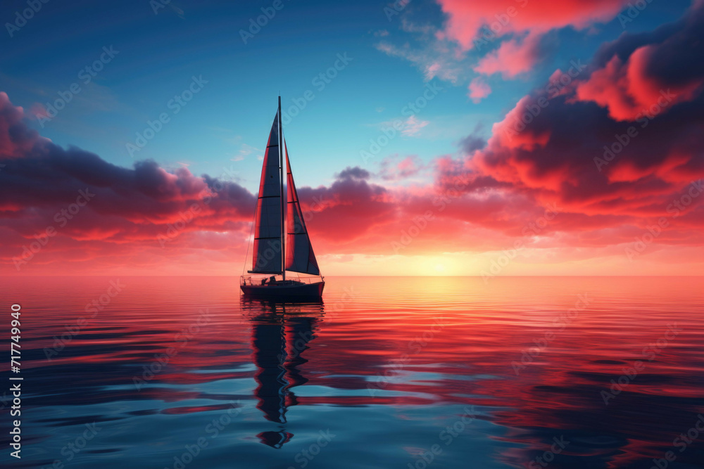 Fototapeta premium Sailboat on calm blue ocean with beautiful sunset.