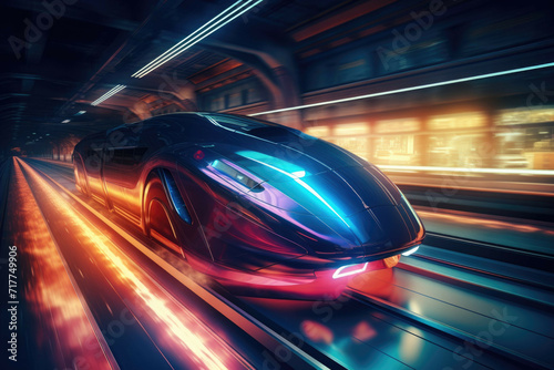 Futuristic high-speed train speeding through neon-lit tunnel. © Michael Böhm