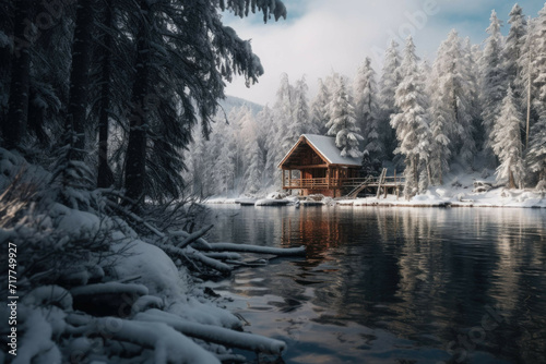 Cabin in snowy forest with frozen lake © Michael Böhm