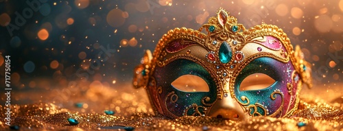 Golden Mardi Gras Mask with Swarovski Crystals Generative AI