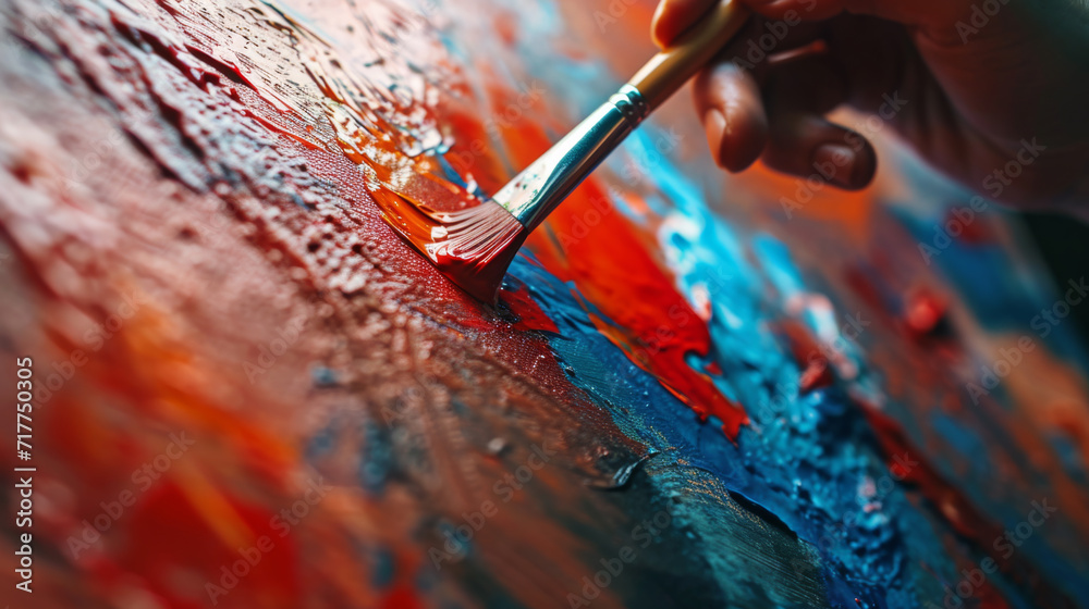 close-up view of a paintbrush applying a thick, vibrant red acrylic paint onto a surface close-up view of a paintbrush applying a thick, vibrant red acrylic paint onto a surface