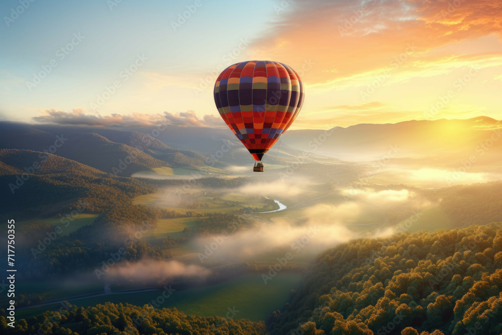 Hot air balloon floating over a misty valley at sunrise.