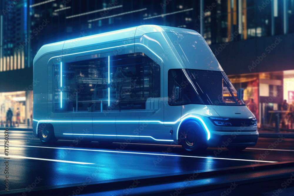 Self-driving delivery truck in city at night