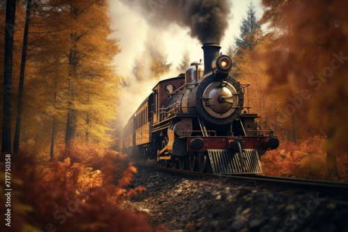 Vintage steam locomotive passing through a forest in autumn.