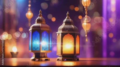 Seamless looping animation of arabic thow blue and orange lantern lights with bokeh and defocus background. Ramadan and Eid al-Fitr mubarak background. Islamic design. photo
