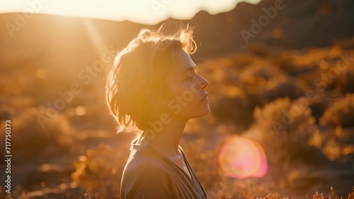 A person standing still, eyes closed, and feeling the warmth of the sun on their face, practicing sensory mindfulness in the desert photo