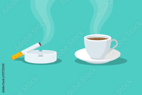 Coffee and cigarette. Cup and ashtray. Unhealthy lifestyle. Bad habits concept. Vector illustration flat design. Isolated on white background.