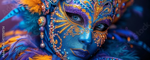 Obraz na płótnie Mardi Gras Mask: Blue, Purple, and Gold Face Paint Generative AI