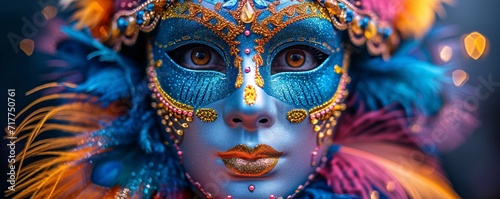 Mardi Gras Mask: Blue and Gold Mask with Beads and Eyes Generative AI