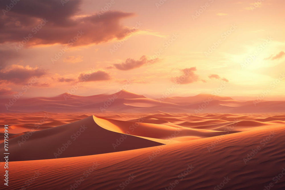AI generated desert landscape with sand dunes and a sunset