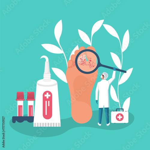 Podiatry concept. Landing Page feet treatment. Doctors podiatrists inspect and treat the feet. Pathology and Illness treatment. Clinic podology. Vector illustration flat design.