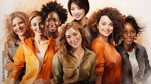 Cheerful and expressive group of diverse women bond in an inclusive community watercolor style: Women's day concept photo
