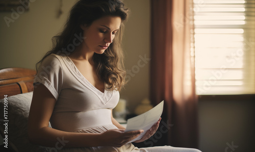 Pregnant Woman Worried Sad Unhappy Reading Letter photo