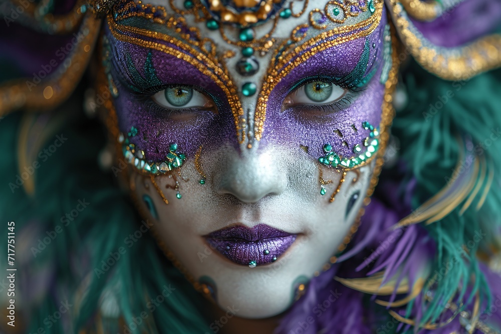 Mardi Gras Masked Marvel: Purple, Green, and Gold Face Paint Generative AI Mardi Gras Masked Marvel: Purple, Green, and Gold Face Paint Generative AI
